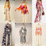Fongt 2025 New Set Women's Printed Round-Neck Loose Bat Sleeves Wide Leg Trousers Fashion Set