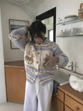 Pastel Printed Collar Knitted Buttoned Cardigan-Outfit