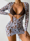 Fongt New Transparent Mesh Digital Three-Piece Print Sunscreen Beach Bikini Bathing
