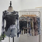 Fongt Shooting Tie-Dye Print Spliced Denim T-Shirt Girl Autumn Design Sense Irregular Hair Side Short-Sleeved Top 2617