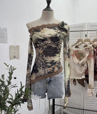 Fongt Shooting Lace Splicing Oblique Shoulder Thin Tie-Dye Mesh T-Shirt Girl T-Shirt T-Shirt Shawl T-Shirt 9986