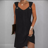 Fongt Spring And Summer Temperament Commuting Simple Pure Color Metal Button V-Neck Sleeveless Dress-Outfit