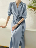 Dresses for Women Three Quarter V-Neck High Waist Slim Long Dresses Drawstring Waistband Vented Hem Simple Shirt