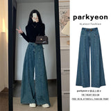 Fongt Kong Style Retro Blue A Word Big Horn Jeans Women Autumn And Winter High-Waisted Loose Lazy Feet Long Pants