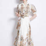 Fongt Court Style Dress Women's Early Spring New Bubble Sleeve Retro Print High-End Swing Dress Dress