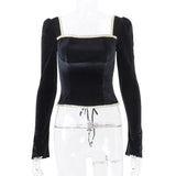 new autumn women's sexy temperament square neck plush fungus backless strappy long-sleeved top Vestidos-Outfit