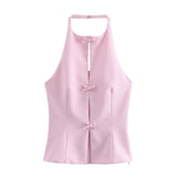 Fongt New Hanging Neck Bows Decorated Solid Color Top 4772009
