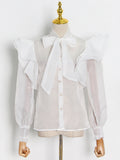 Fongt Sense Elegant Top 2025 Autumn New Bow Lotus Leaf Edges Half-Perspective Mesh Shirt Female Autumn