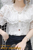 Embroidery Lace Chiffon Blouse Women 2023 Fashion Beading Shirt Tops Ruffles Korean Floral Peter Pan Collar Clothes