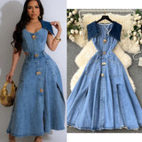 Fongt Large-Cuffless Vest Dress Women's Heart-Cuffed Long Retro Denim Dress Girl