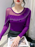 Autumn Ringstones Ruffles Long Sleeve Mesh T-shirt Tee New Female Round Collar Sheath Tops T-shirts for women-Outfit