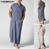 Men Islamic Arab Muslim Kaftan Stand Collar Short SLeeve Pockets Vintage Robes Middle East Solid Men Jubba Thobe S-5XL