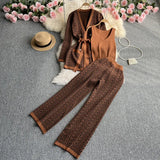 Fongt Suit Female Casual Temperament V Collar Waist Belt Knit Cardigan Jacket Three Piece Set High Waist Wide Leg Pants-Outfit