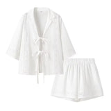 Fongt Summer New Fashion Collar Long-Sleeved Shirt + High Waist Hollow Shorts Women 1932