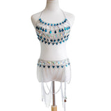 Big Gems Two 2 Piece Set Women Halter Hollow Out Crop Top Sexy Link Chain Tassels Skirt Matching Sets Party Club