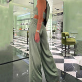 Fongt Women's Temperament Elegant Hanging Neck Diagonal Shoulder Chest Sexy Crop Wide Leg Pants