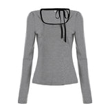 Fongt Girl Wind Around The Neck Tidling Design Bow Long-Sleeved T-Shirt Temperament Striped Print Top