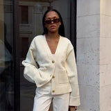 Fongt 2025 Leisurely Pure Color V-Neck Knitted Coat