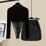 Women Summer Sexy Long Sleeve Black Patchwork Bodysuit And Midi Skirts Sets For Women Evening Party Two Pieces