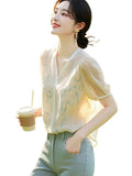 Fongt Small Fresh Short Sleeve Chiffon Shirt Women's Summer 2025 New Temperament Elegant Printed Shirt V Collar Top