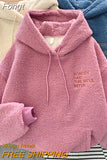 Fleece Hooded Sweatshirt Women Padded Thickened Warm Long Sleeve Pullover Preppy Style Casual Letters Winter Female