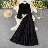 Fongt Style Pink Three-Dimensional Flower Collar Lantern Sleeve Shirt Lady Autumn High-Rise Dress Set