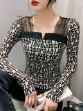 New Arrival Autumn TShirt Women Patched Mesh Square Collar Full Sleeve High Stretch Slim T-shirts Tops-Outfit