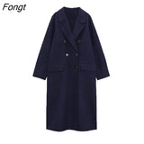 2023 Fashion Wool Jacket Coat Women Retro Lapel Long Sleeve Double Breasted Long Outwear Chic