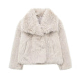 Fongt / Winter 2023 New Women's Lapel Long Sleeve Artificial Fur Press Button Cardigan Loose Short Coat 436024-Outfit