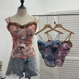 Real-Shooting Lace Bow Repair Body Tie-Dye-Print Mesh Hottie Pure Desire Sling Vest With Chest Cushion Top