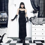 Dark Wind Sexual Personality Cross Flocking Suspenders Dress 2023 New Slim Bag Hip Skirt-Outfit