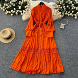 Fongt High-End Retro Lace Splicing Pearl Single Buckle Thin Temperament Collar Lantern Sleeve Dress