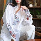 Style Floral Embroidery Shirt Casual Loose Spring Autumn Vintage Stand Collar Women's Clothing Single-breasted Blouse-Outfit