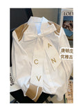 England Style Long Sleeve Blouses For Women 2023 Bow Letter Tee White Single Breasted V-neck Loose Boyfriend