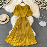 Fongt New V-Neck Short-Sleeved Dress Over Knee-Repaired Lady's Waist Tie Mid-Slap Dress