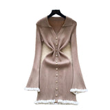 Fongt Luxury Famous Knitted Dress Woman Autumn Wooden Ear Over The Collar To Slim Beautiful Sister Mid-Long Dress