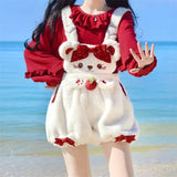 Kawaii Lolita Plush Overalls Shorts Women Cute Bear Strawberry Hot Short Pants Bow Bloomers Shorts Female Y2k Clothing-Outfit