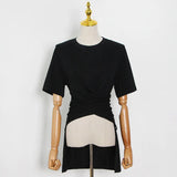 Casual Ruched Irregular T Shirt For Women O Neck Short Sleeve Solid T Shirts Females Summer Fashion 2021