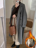 Thicken Long Wool Blend Coats Women Casual Loose Houndstooth Plaid Jackets New Warm Cotton Padded Woolen Korean