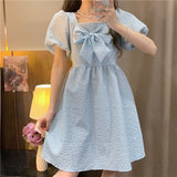Puff Sleeve Dresses Women Bow Students Kawaii Y2k Summer Vestidos Basic Design Daily Stylish Young Preppy Sheer Retro