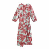 Print Wrap Midi Dress Women Elegant Long Sleeve Gathered Front Knot Dresses Female Chic Split Vintage Ruched Summer