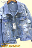 New Embroidery Denim Short Jacket Women Spring Autumn Applique Diamond Holes Coat Loose Tops Student Jean Outerwear