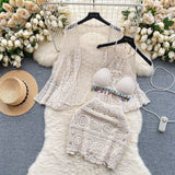 Fongt Wearing A Holiday Style Suit Female Retro Hook Hanging Neck Vest + Hollow Open Shirt + Half-Dress Three-Piece Set