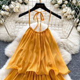 Fongt Dress Women 2025 Summer French Atmosphere With A Sense Of Hanging Neck Sling Lotus Side Splicing Cake Holiday Skirt