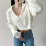 Fongt Sense Korean Version Pure Color New Loose Big Lapel Sweater Spring Autumn Women's Short Sweater Net Red Sweater-Outfit