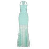 Fongt Chinese Chinese Light Green Shoulder Butterfly Print Fishtail Sling Skirt Sexy Hip Through Mesh Dress