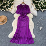 Fongt Woman Sexy Collar Short Sleeve Dress Female High-End Royal Sister Repair Hot Diamond Open Fork Long Fishtail Dress