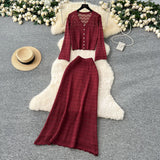Fongt Wearing A Female Gentle Wind High-End Feeling V-Neck Long-Sleeved Empty Crochet Knitted Half-Dress