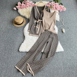 Fongt Suit Female Casual Temperament V Collar Waist Belt Knit Cardigan Jacket Three Piece Set High Waist Wide Leg Pants-Outfit