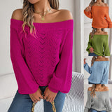 Shooting 2025 Autumn And Winter Leisure Pure Color Hollow Word Collar Shoulder Lantern Sleeve Sweater Women's